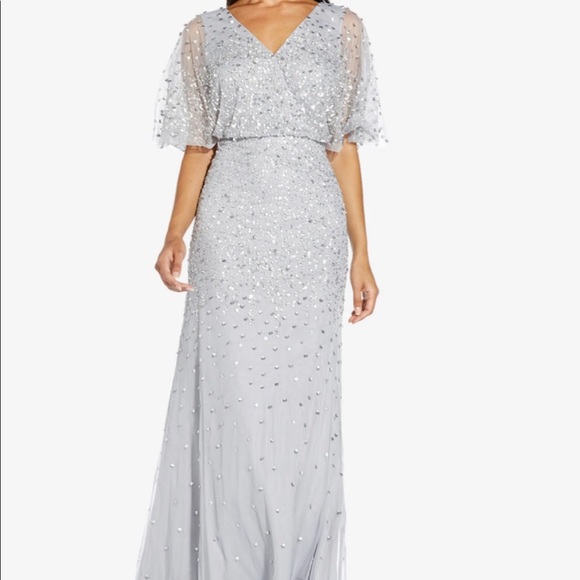 Adrianna Papell Dresses & Skirts - Adrianna Papell beaded flutter sleeve gown in silver mist, only worn once